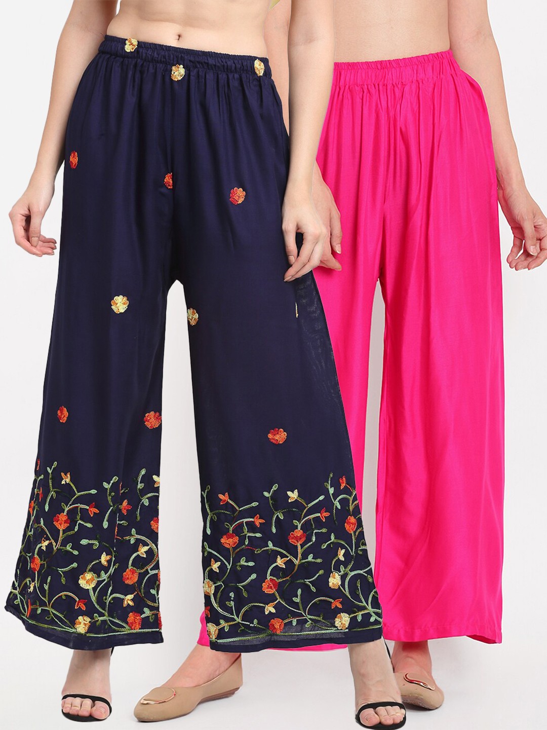 

TAG 7 Women Pink & Navy Blue Set of 2 Floral Embroidered Palazzos