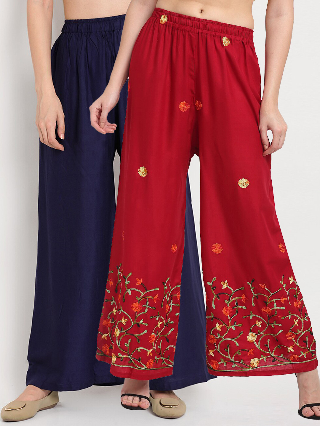 

TAG 7 Women Navy Blue & Red Set of 2 Floral Embroidered Palazzos