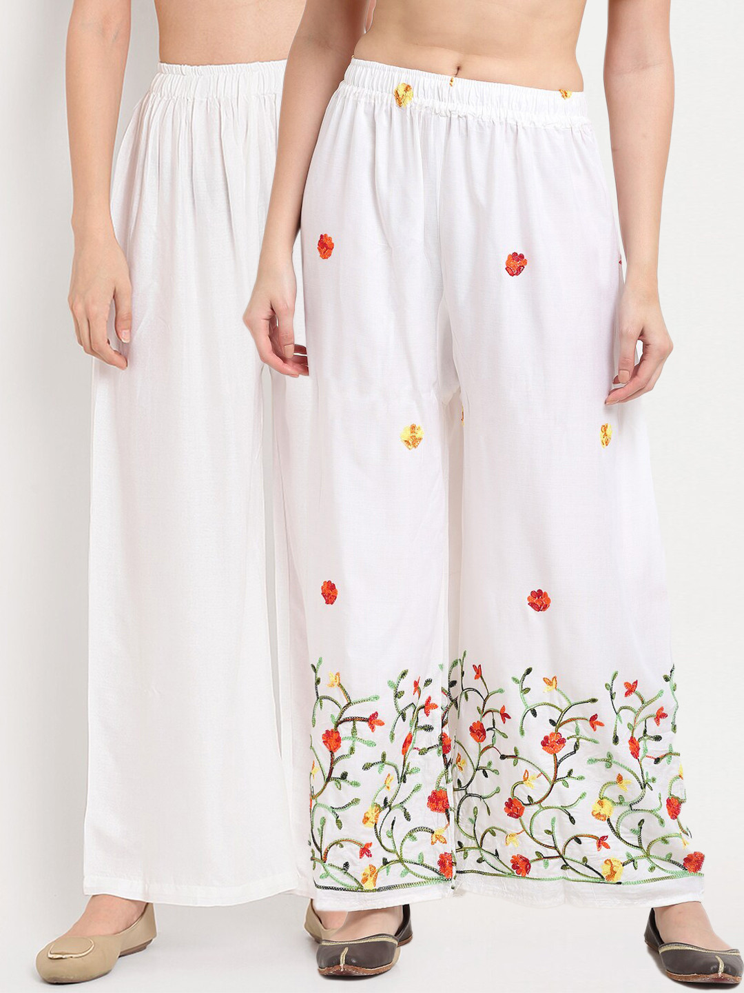 

TAG 7 Women White & Red Set of 2 Floral Embroidered Palazzos