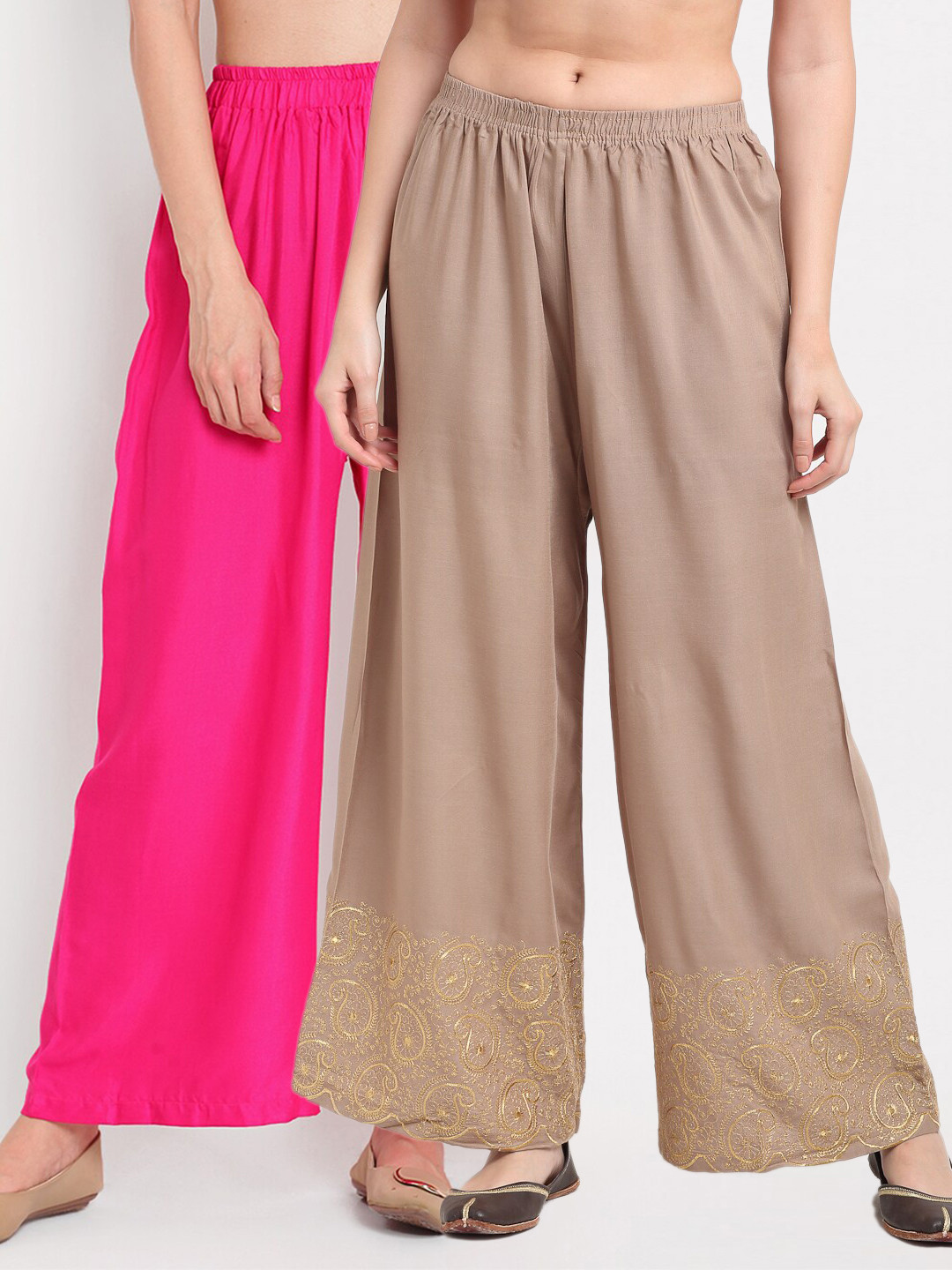 

TAG 7 Women Pink & Beige Set of 2 Floral Embroidered Palazzos