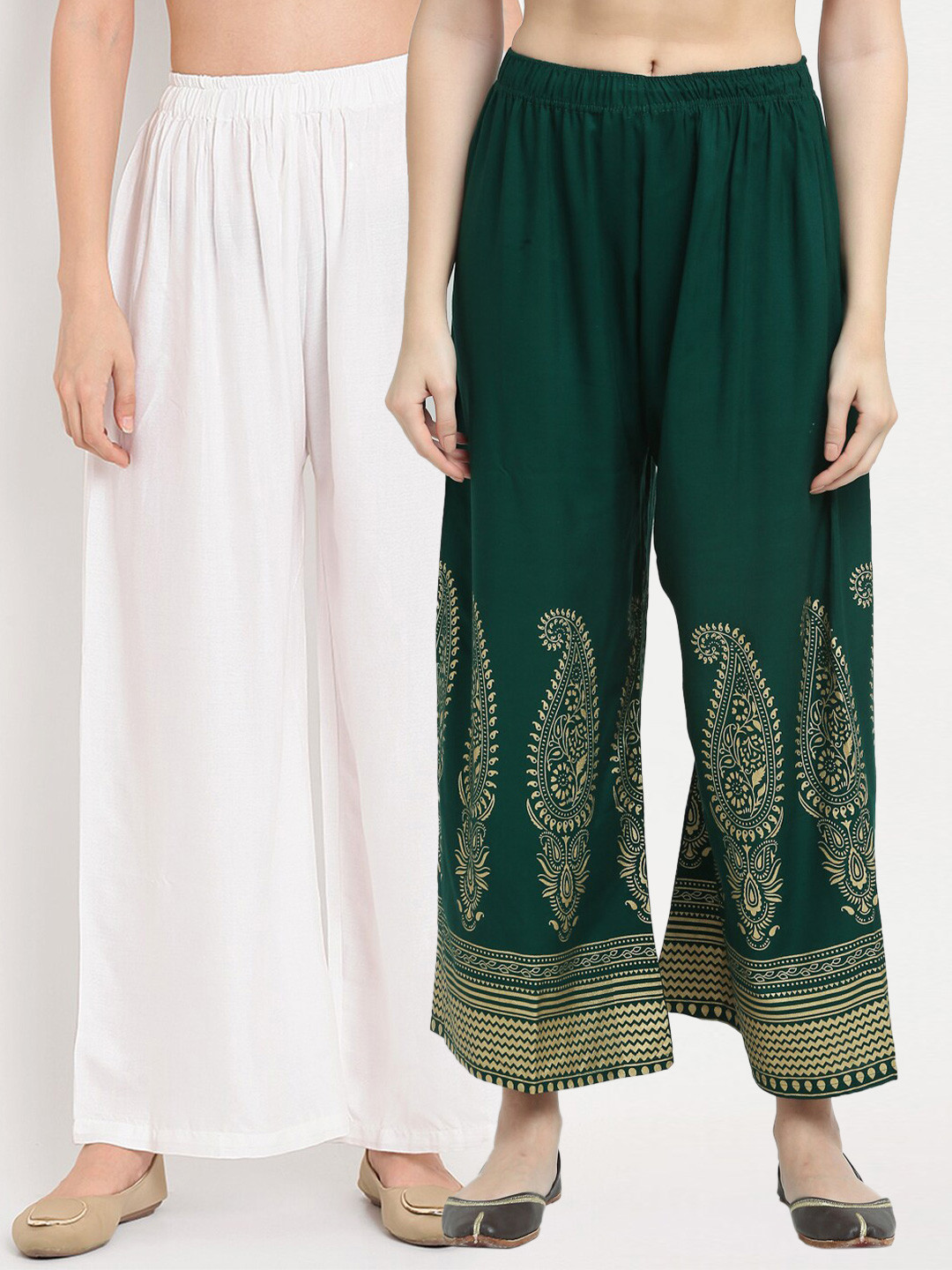 

TAG 7 Women White & Green Set of 2 Flared Palazzos