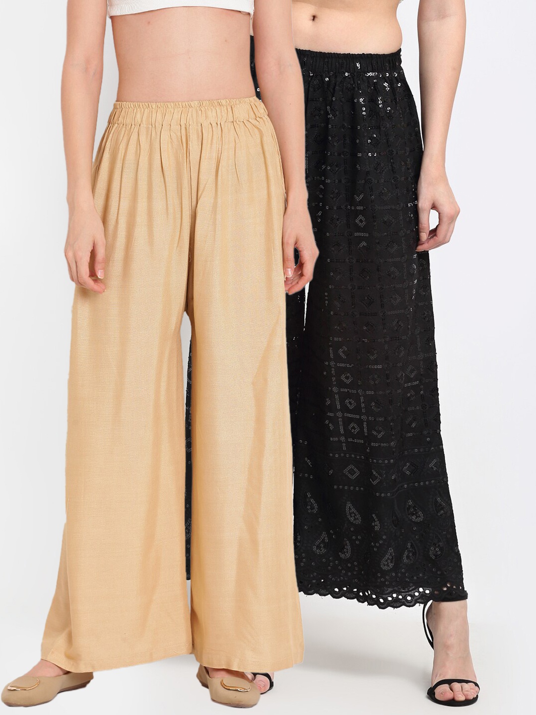 

TAG 7 Women Beige & Black Set of 2 Flared Ethnic Palazzos
