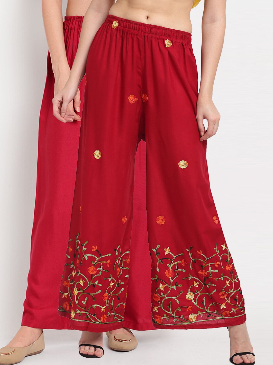 

TAG 7 Women Maroon & Green Set of 2 Floral Embroidered Palazzos