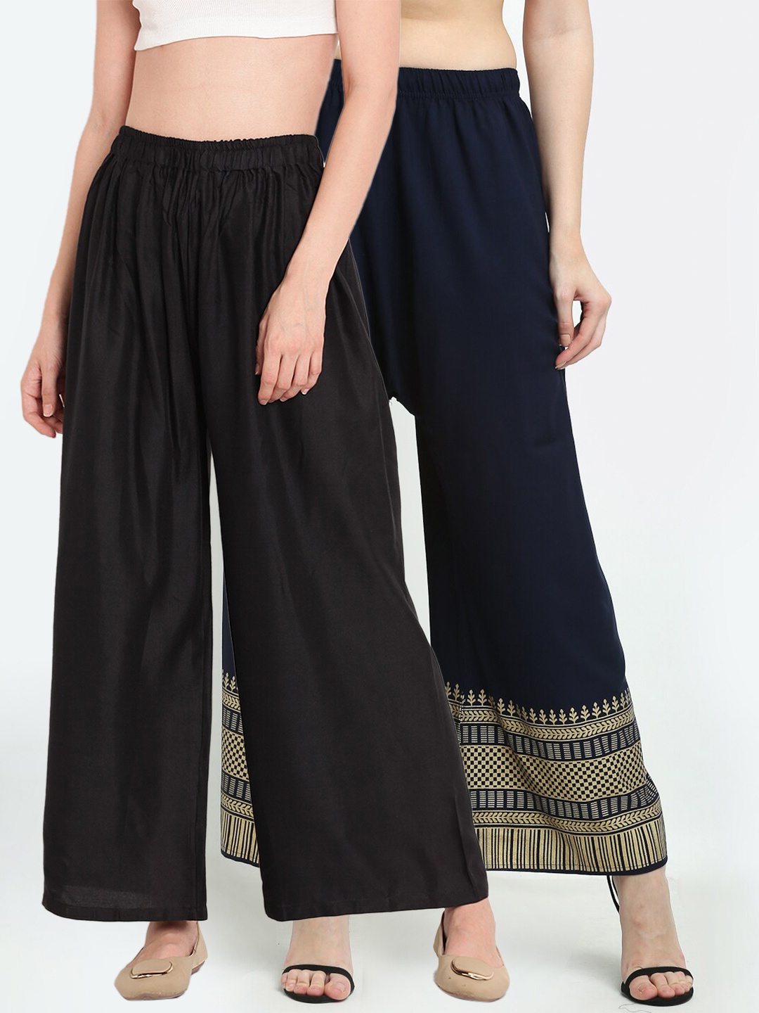 

TAG 7 Women Black & Navy Blue Set of 2 Printed Palazzos