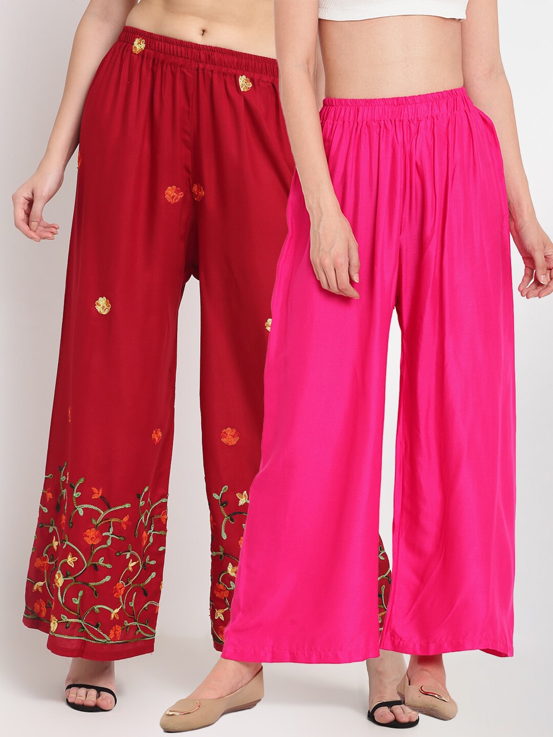 

TAG 7 Women Pink & Red Set of 2 Embroidered Palazzos