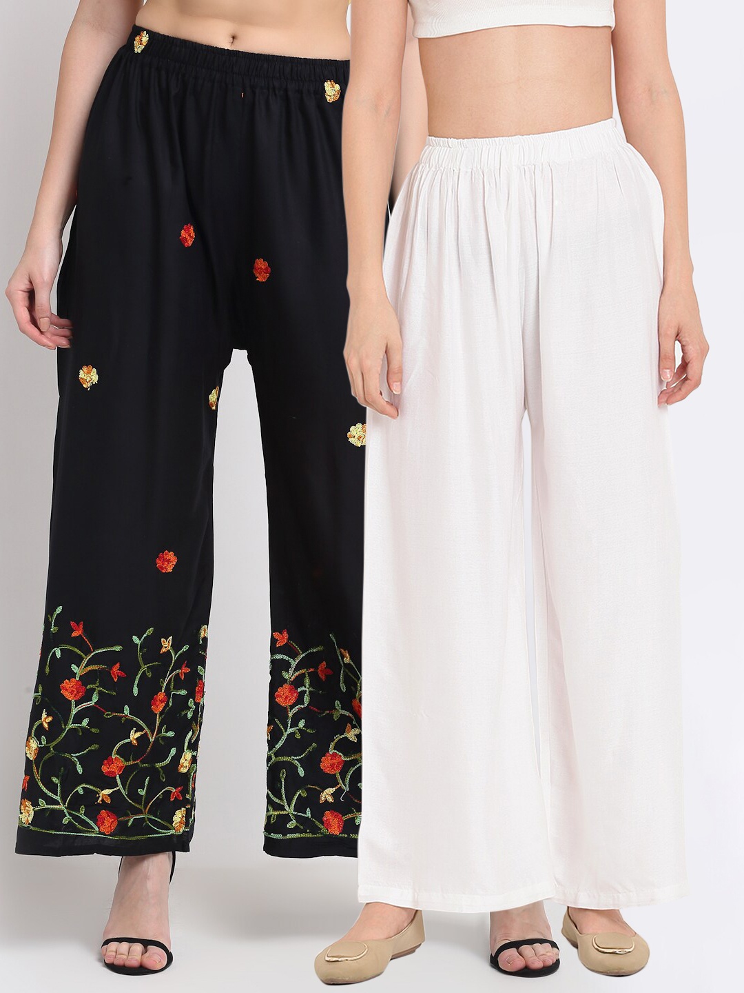 

TAG 7 Women White & Black Set of 2 Floral Embroidered Palazzos