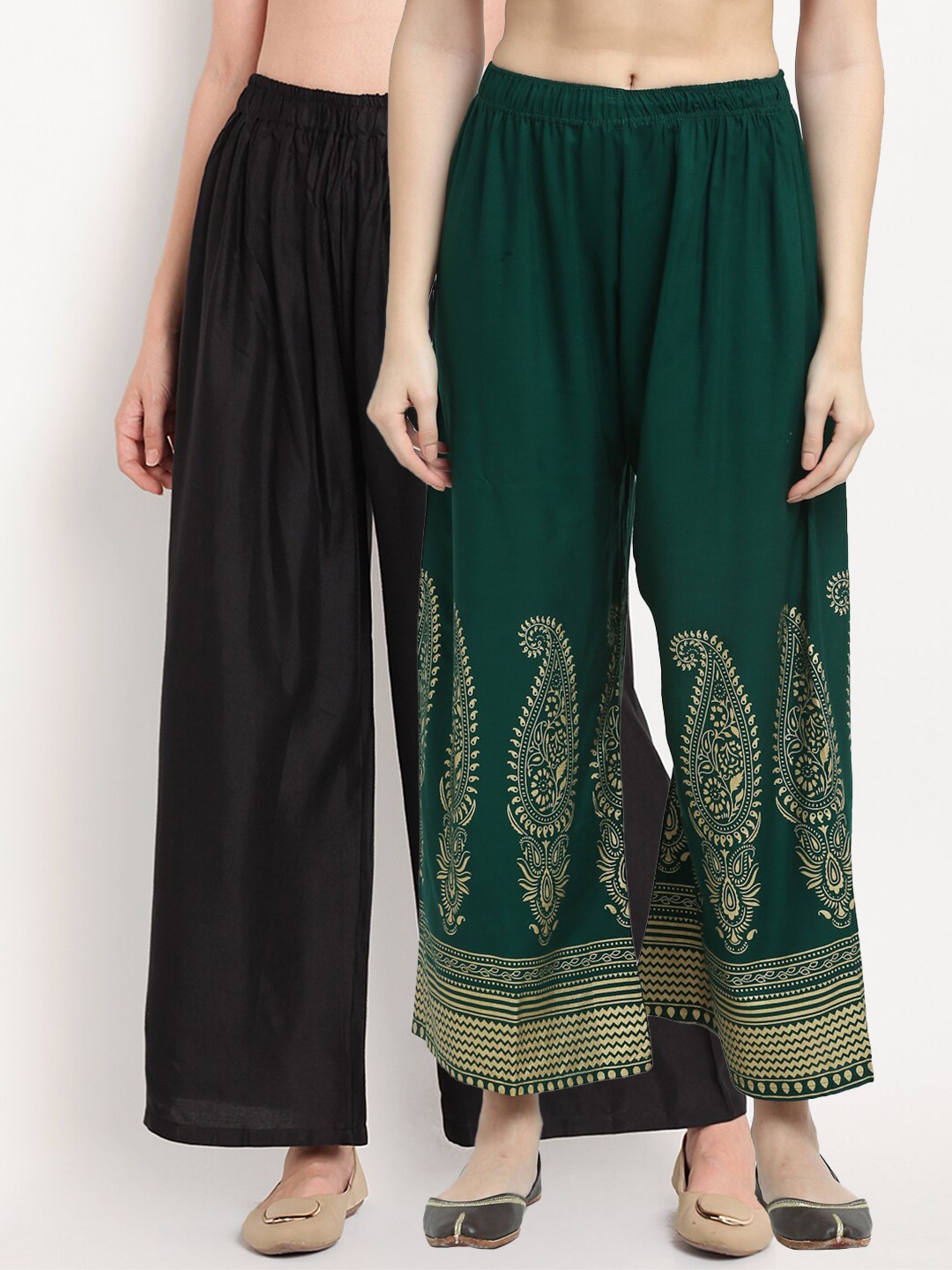 

TAG 7 Women Black & Green Set of 2 Ethnic Motifs Printed Palazzos