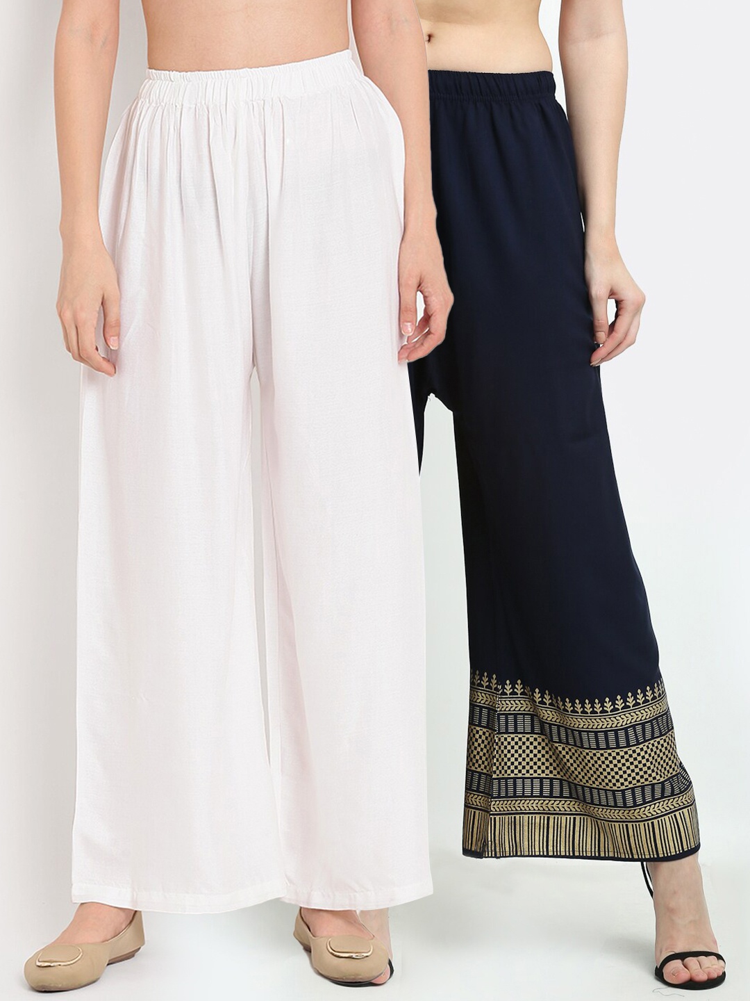 

TAG 7 Women White & Navy Blue Set of 2 Palazzos