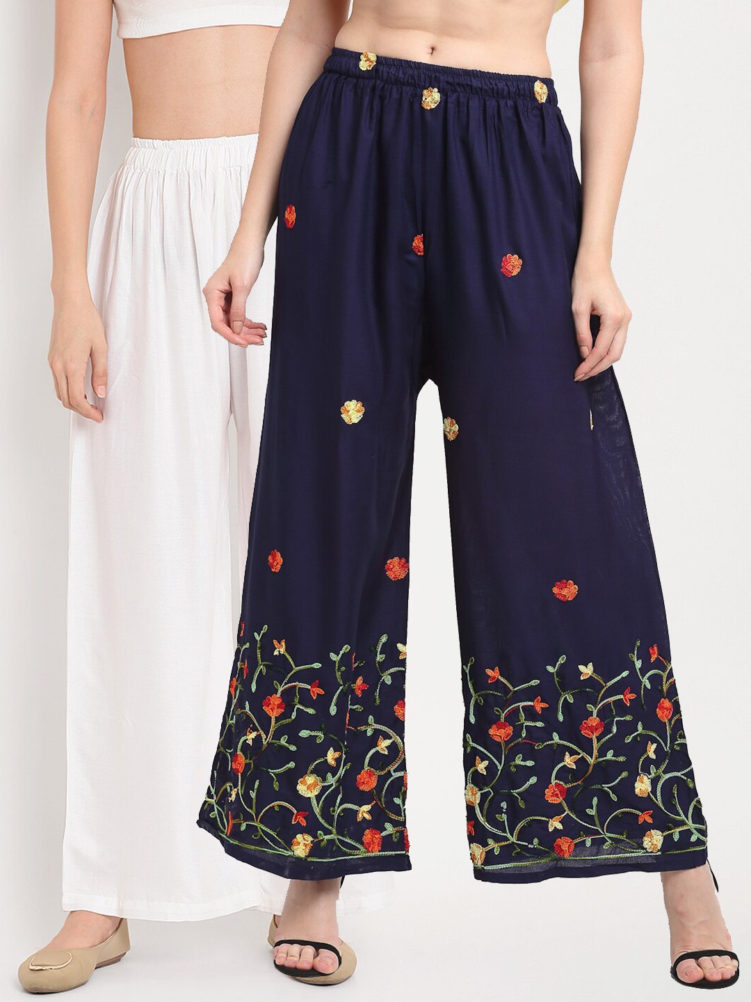 

TAG 7 Women White & Navy Blue Set of 2 Floral Embroidered Palazzos