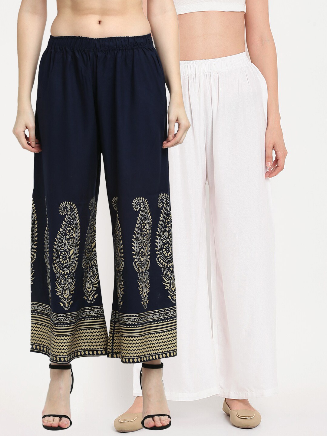 

TAG 7 Women White & Navy Blue Set of 2 Palazzos