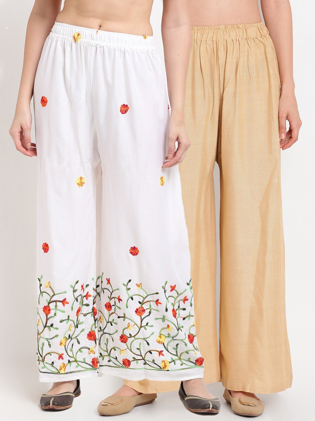 

TAG 7 Women Beige & White Set of 2 Floral Embroidered Palazzos