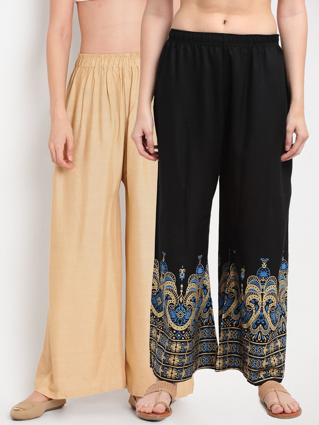 

TAG 7 Women Beige & Black Set of 2 Palazzos