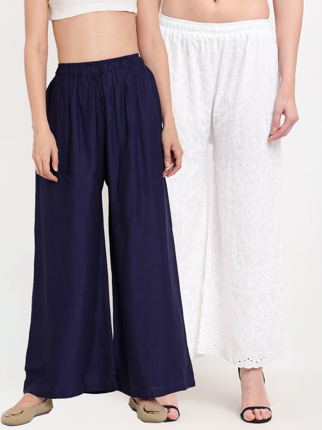

TAG 7 Women Navy Blue & White Set of 2 Embroidered Palazzos