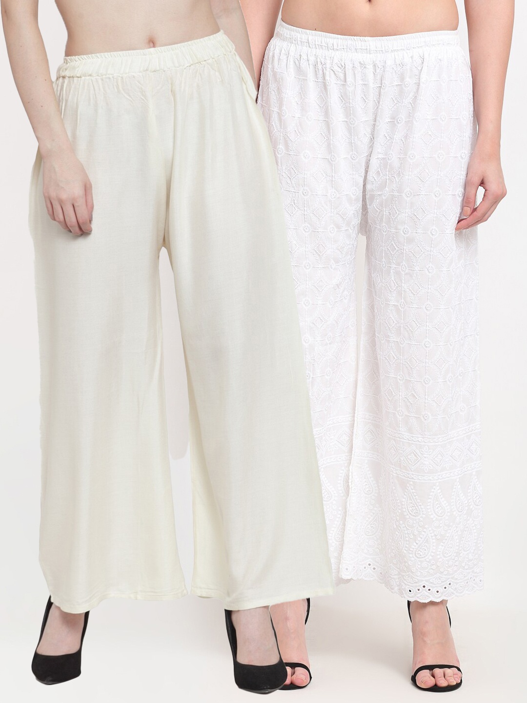

TAG 7 Pack Of 2 Women Off White & White Embroidered Palazzos