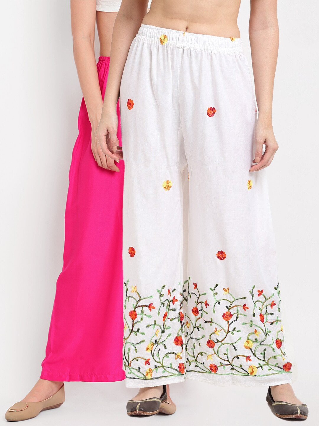 

TAG 7 Pack of 2 Women Pink & White Floral Embroidered Palazzos