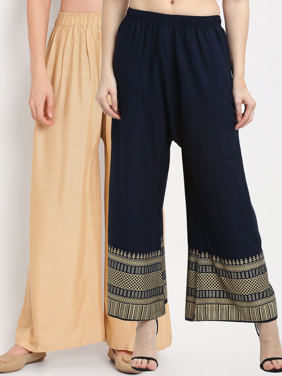 

TAG 7 Pack Of 2 Women Beige & Navy Blue Printed Palazzos