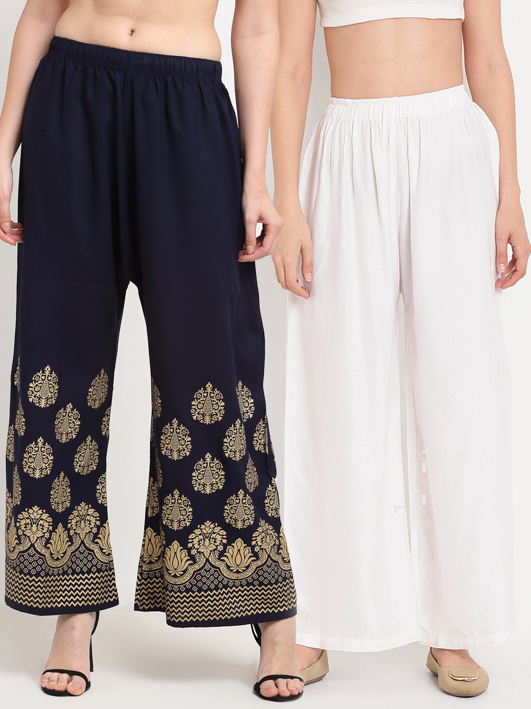 

TAG 7 Pack Of 2 Women White & Navy Blue Palazzos