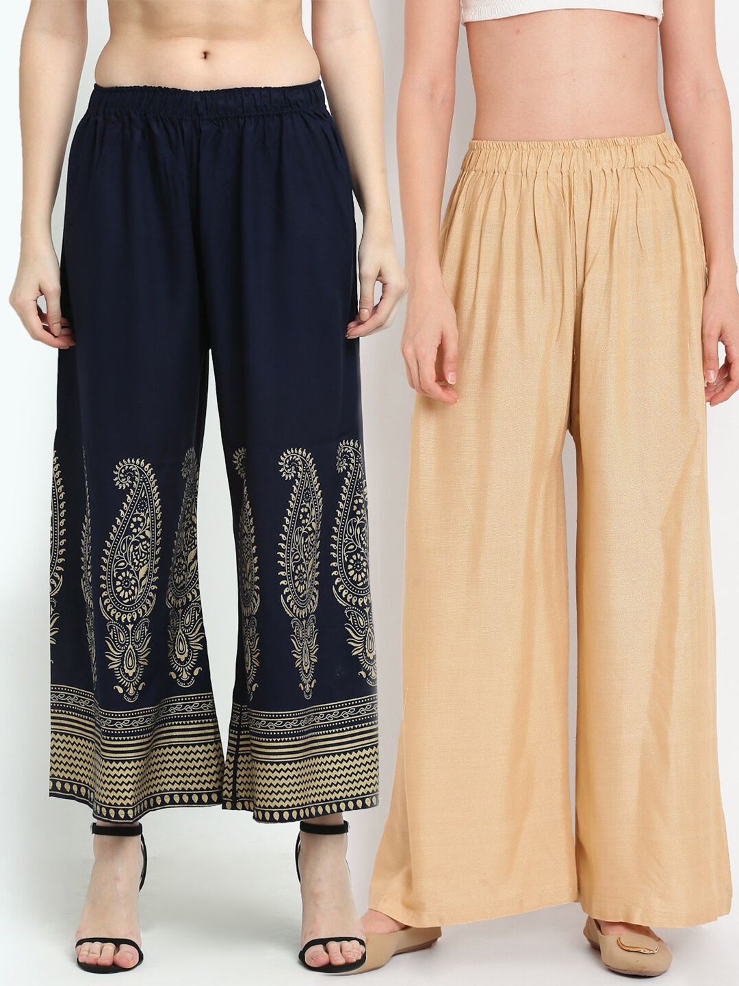 

TAG 7 Pack Of 2 Women Beige & Navy Blue Ethnic Motifs Printed Palazzos