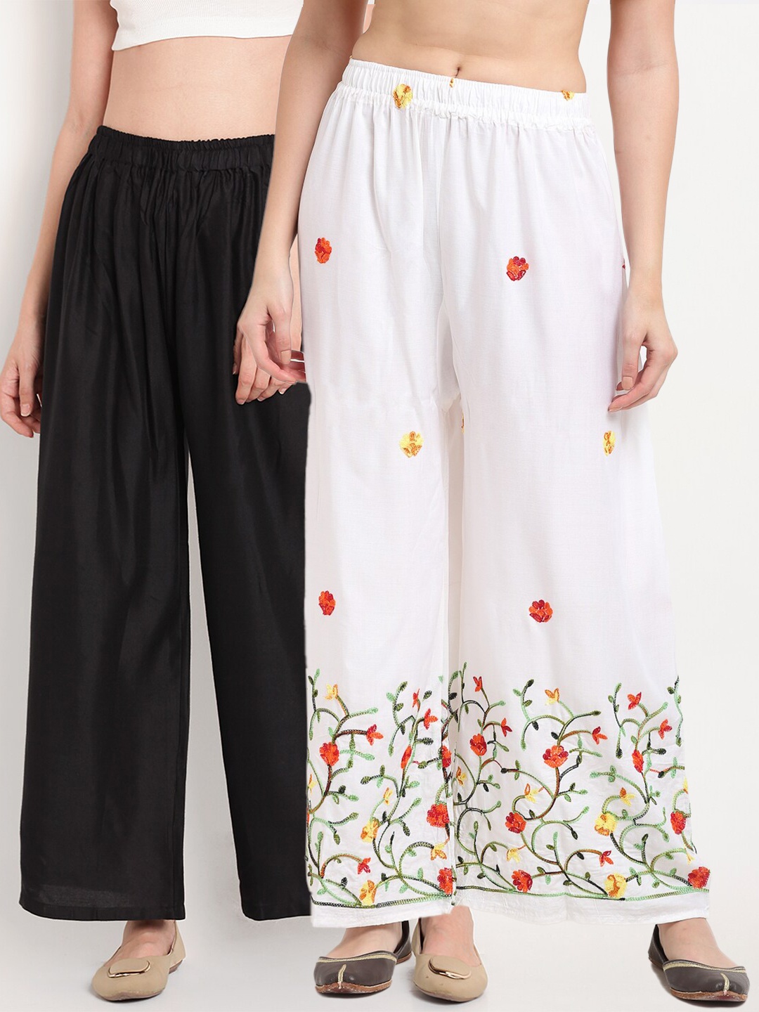 

TAG 7 Pack Of 2 Women Black & White Floral Embroidered Palazzos