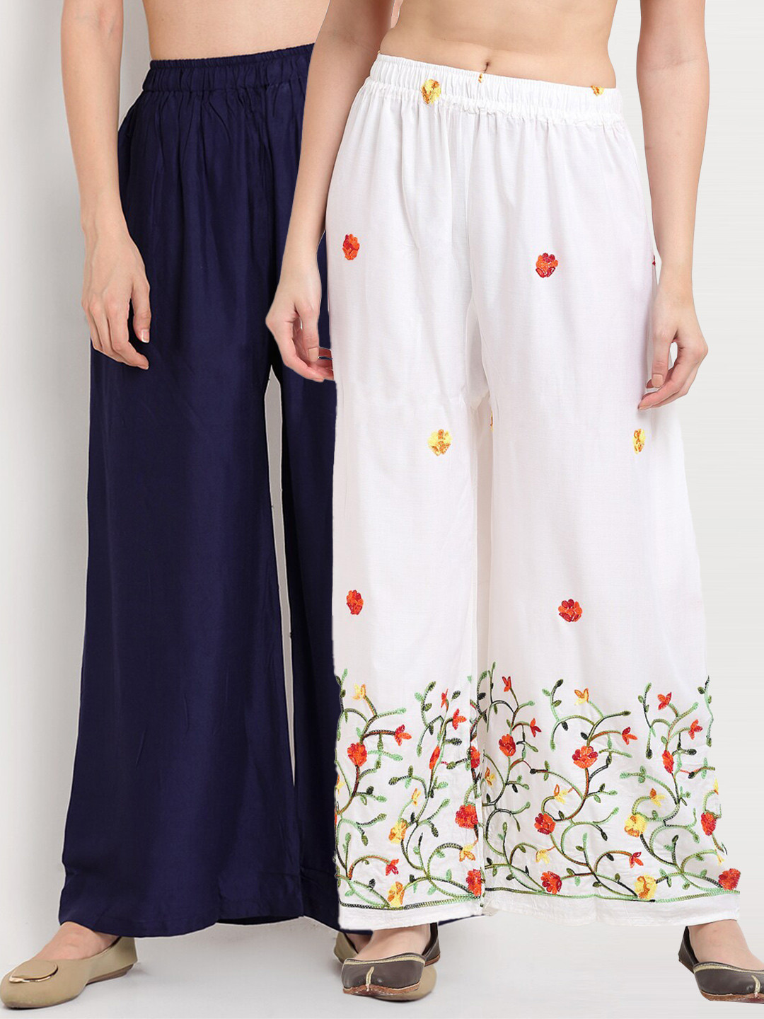 

TAG 7 Pack Of 2 Women Navy Blue & White Floral Embroidered Palazzos