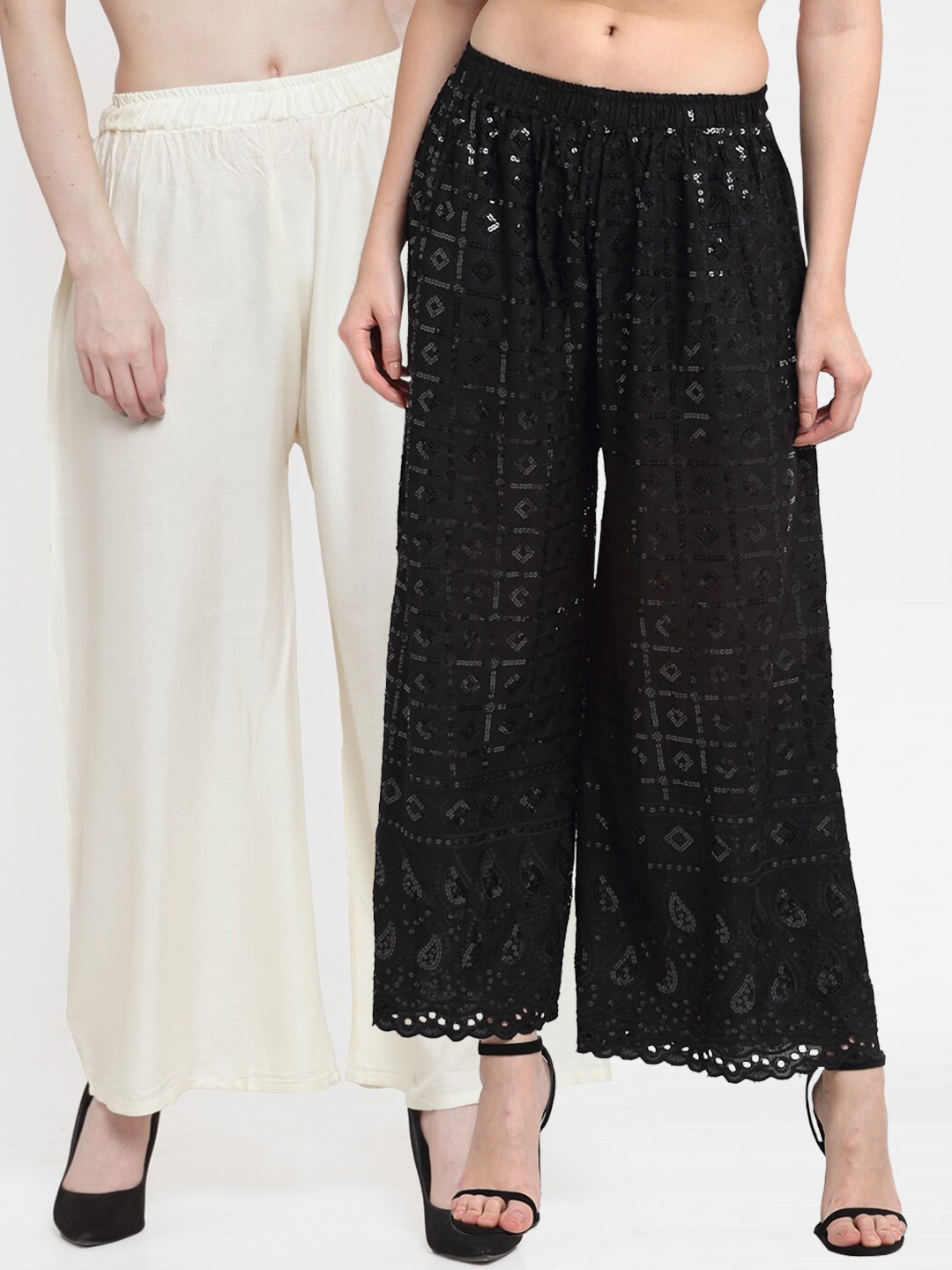 

TAG 7 Pack Of 2 Women Off White & Black Embellished Palazzos