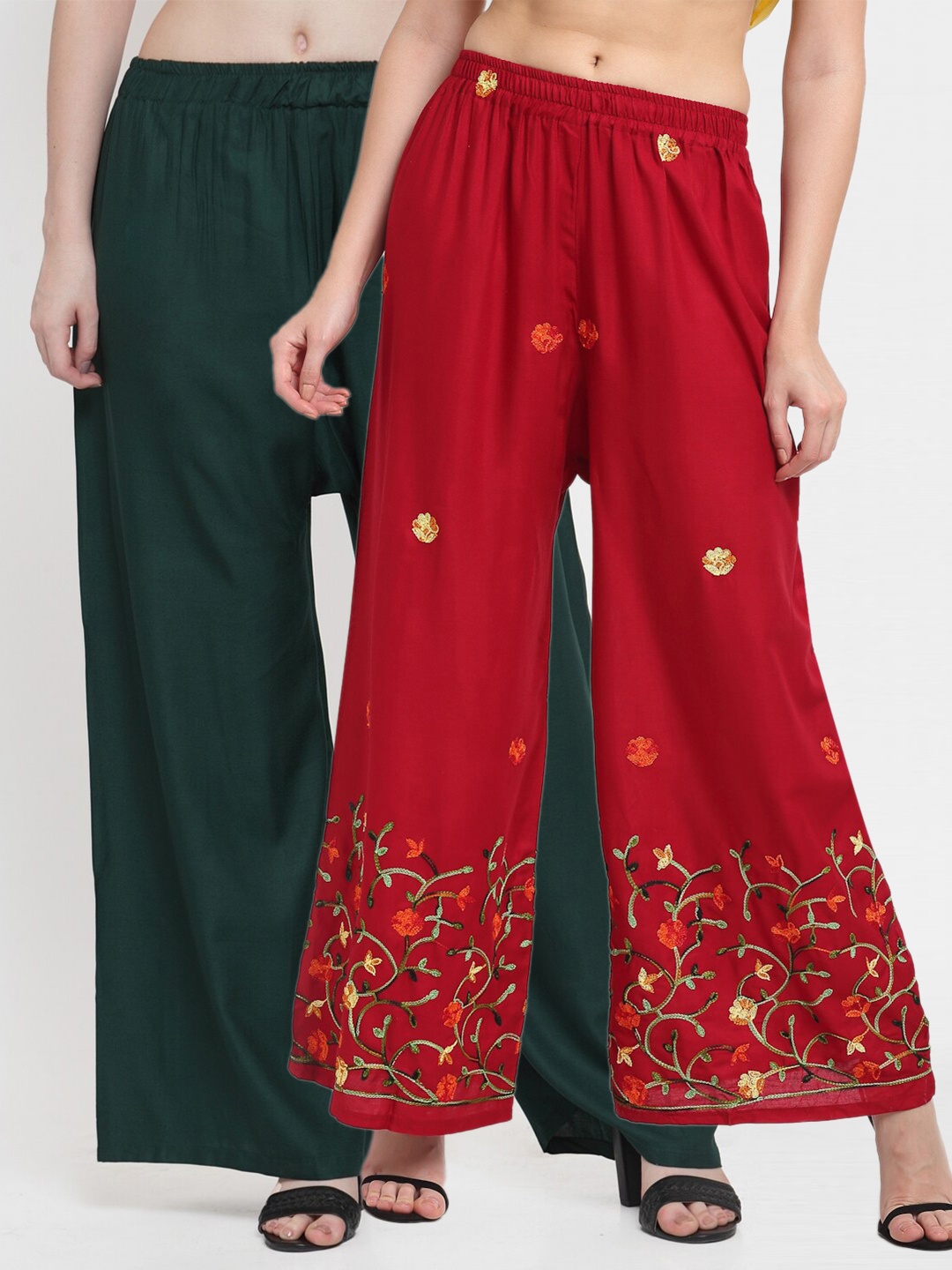 

TAG 7 Pack Of 2 Women Green & Red Floral Embroidered Palazzos