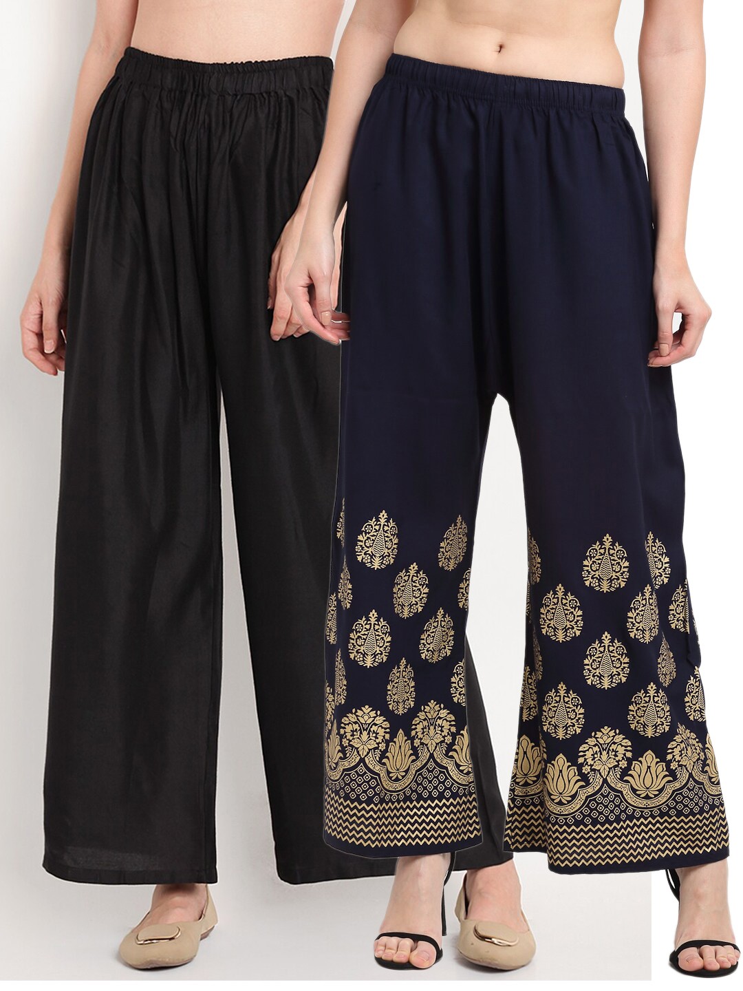 

TAG 7 Pack Of 2 Women Black & Navy Blue Ethnic Motifs Printed Palazzos