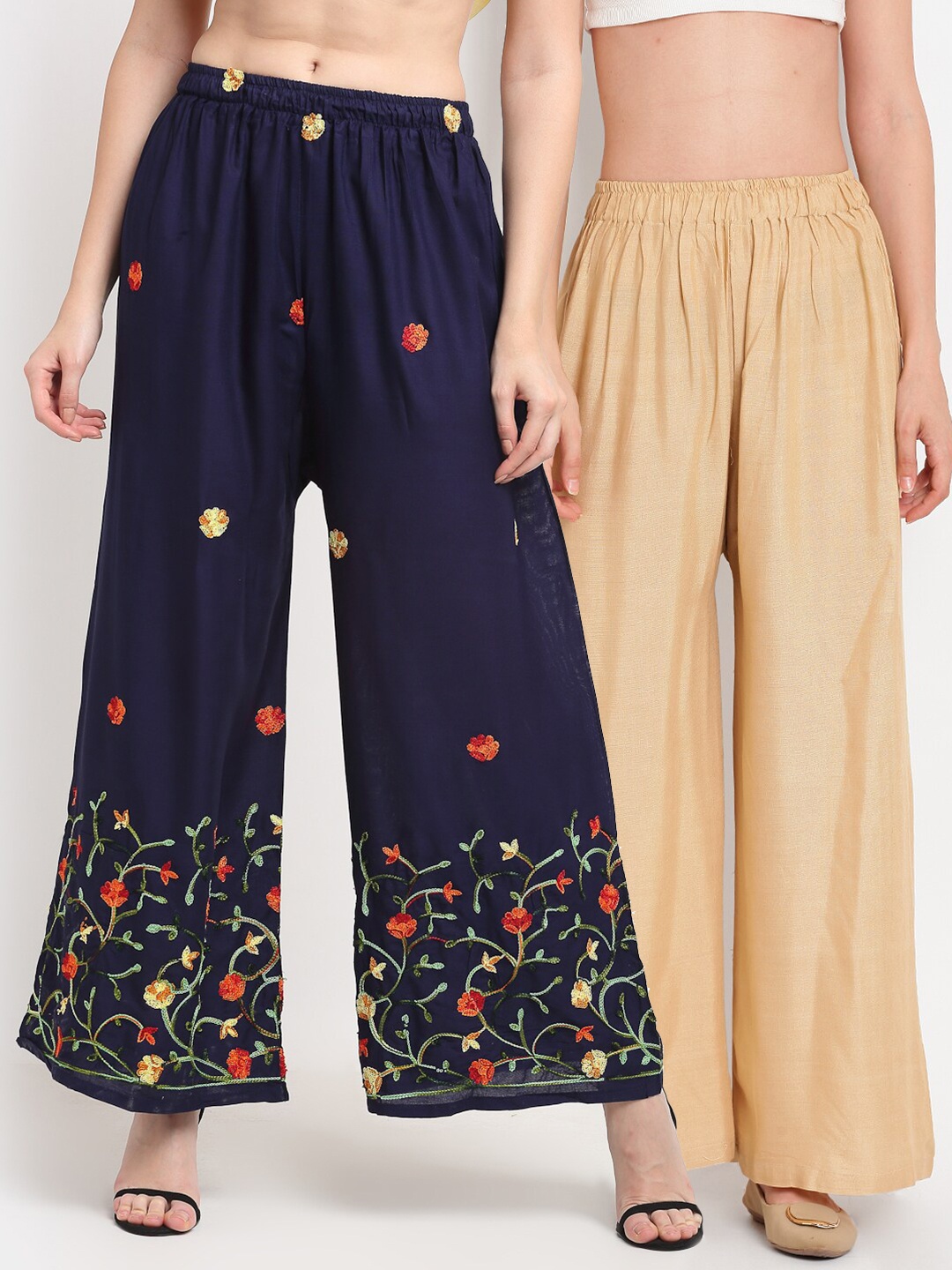

TAG 7 Pack Of 2 Women Beige & Navy Blue Palazzos
