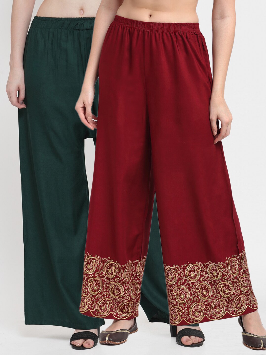 

TAG 7 Pack Of 2 Women Green & Red Ethnic Motifs Embroidered Palazzos