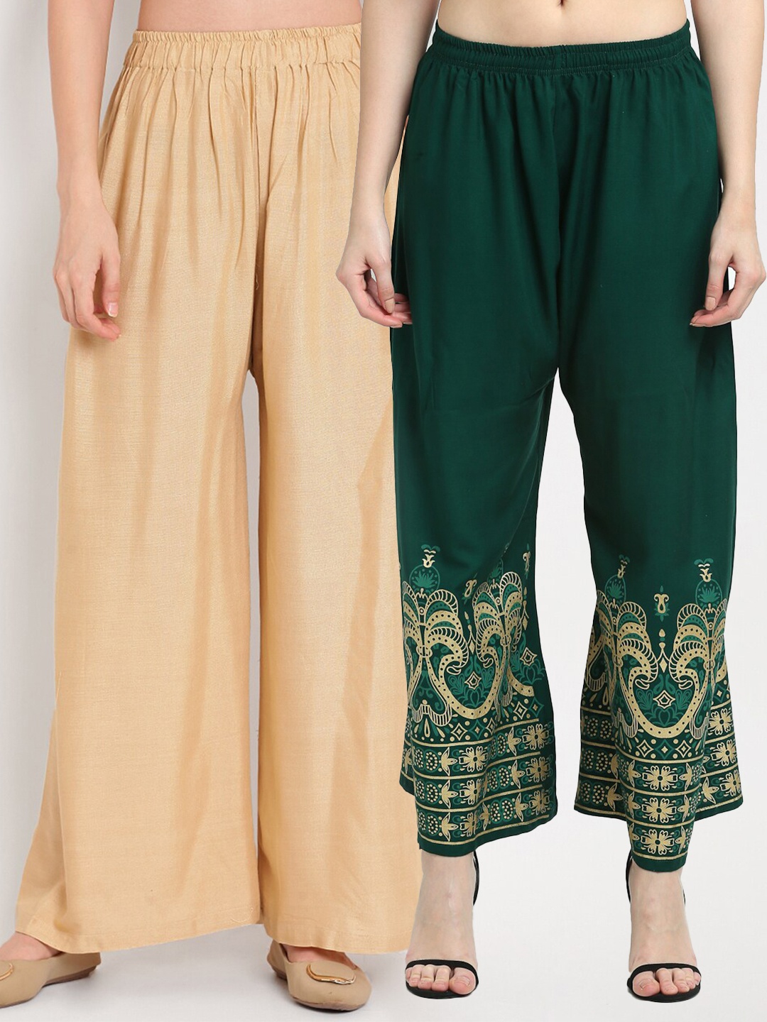 

TAG 7 Pack Of 2 Women Beige & Green Ethnic Motifs Printed Palazzos