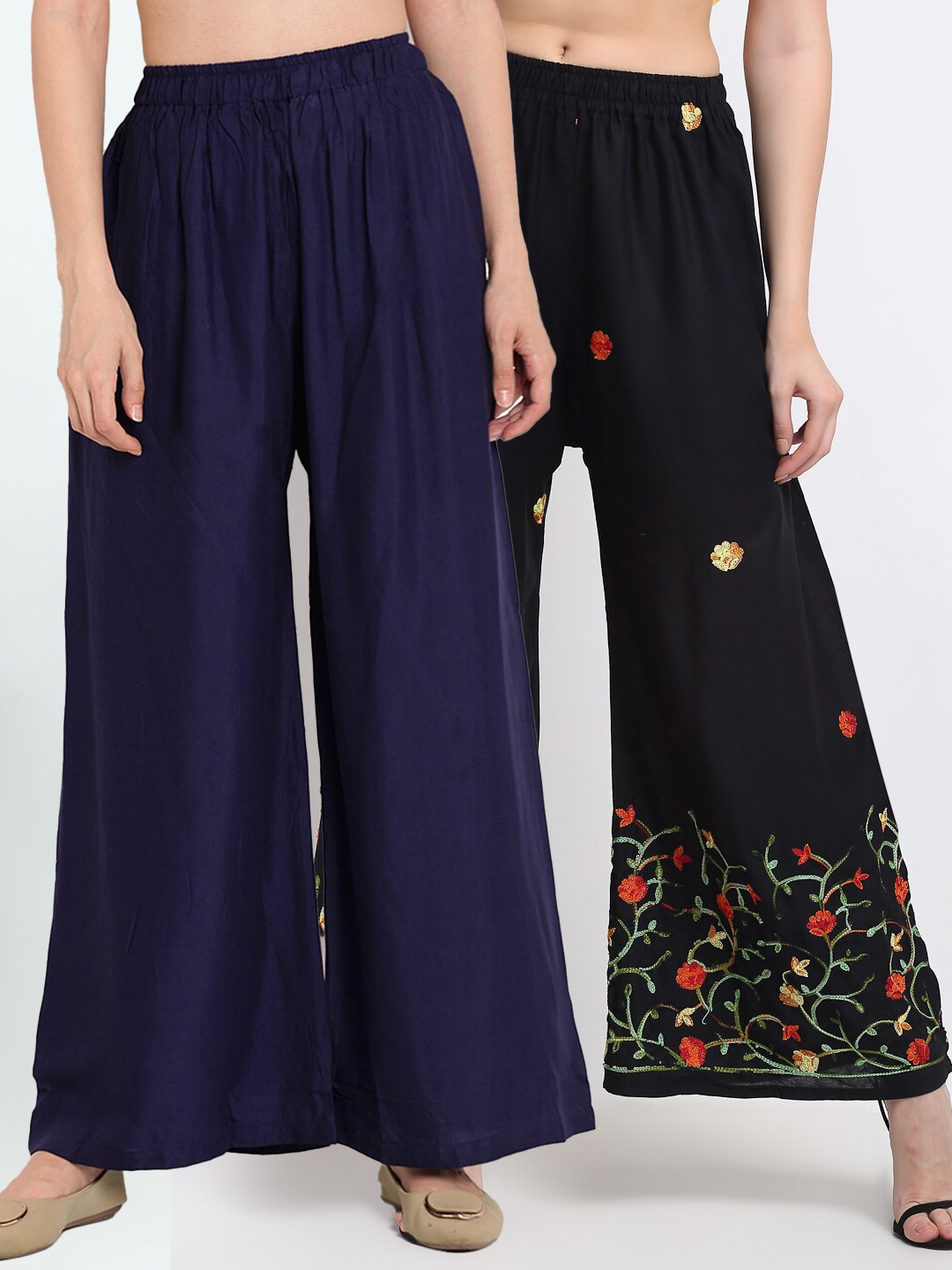 

TAG 7 Pack Of 2 Women Navy Blue & Black Floral Embroidered Palazzos