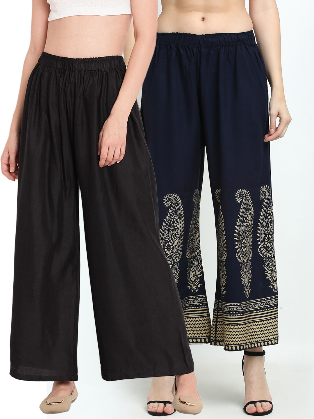 

TAG 7 Pack Of 2 Women Black & Navy Blue Palazzos