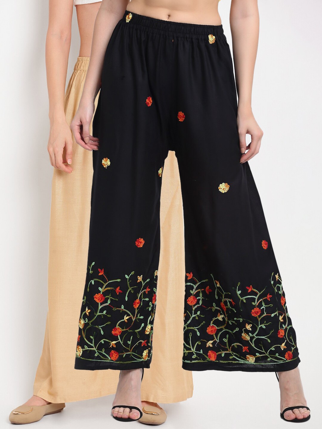 

TAG 7 Pack Of 2 Women Beige & Black Embroidered Palazzos