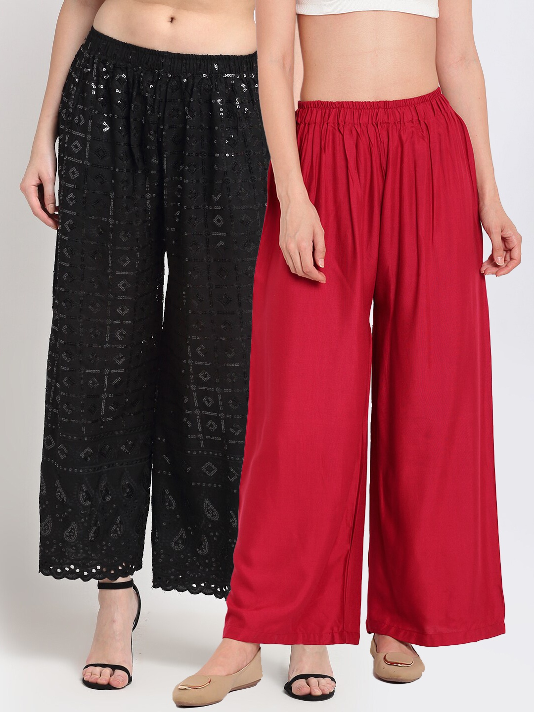 

TAG 7 Pack Of 2 Women Maroon & Black Embellished Palazzos
