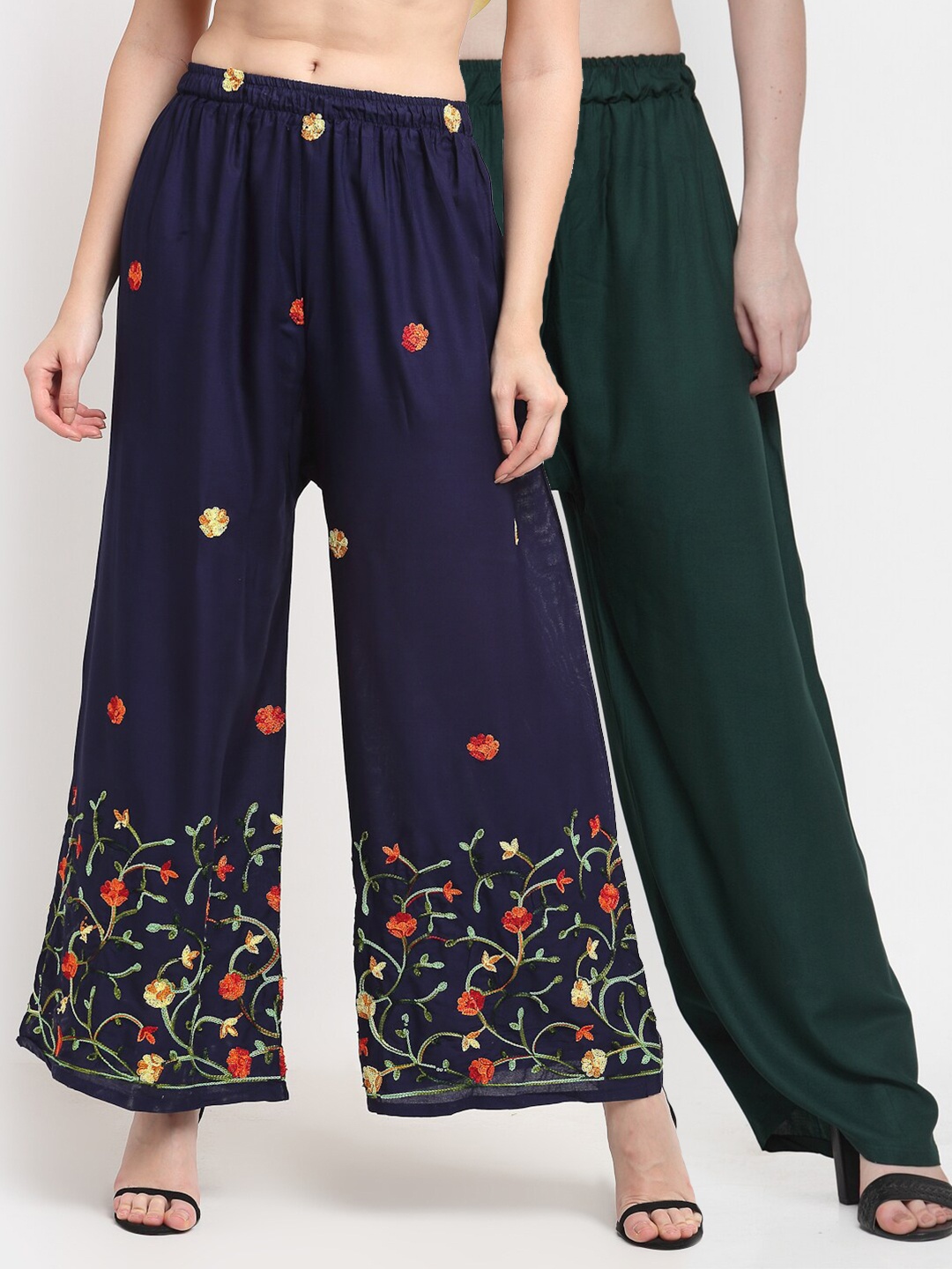 

TAG 7 Pack Of 2 Women Green & Navy Blue Floral Embroidered Palazzos