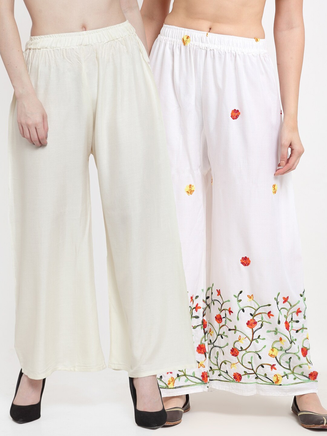 

TAG 7 Pack Of 2 Women Off White & Off White Floral Embroidered Palazzos