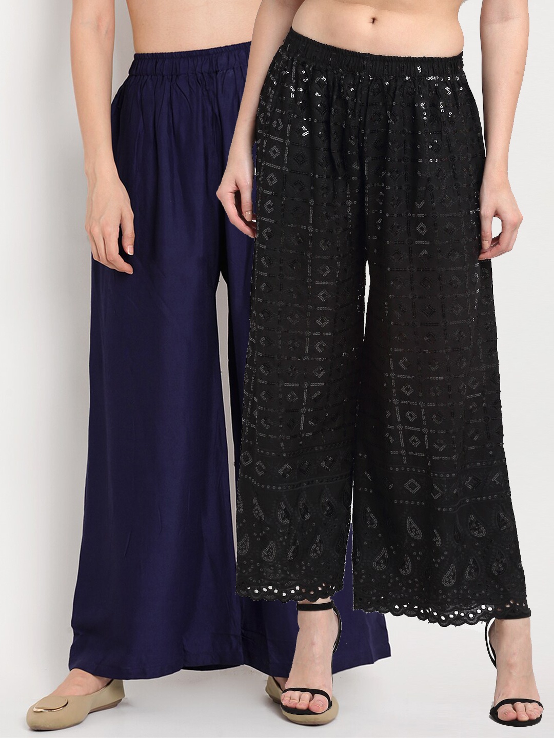 

TAG 7 Pack Of 2 Women Navy Blue & Black Embellished Palazzos