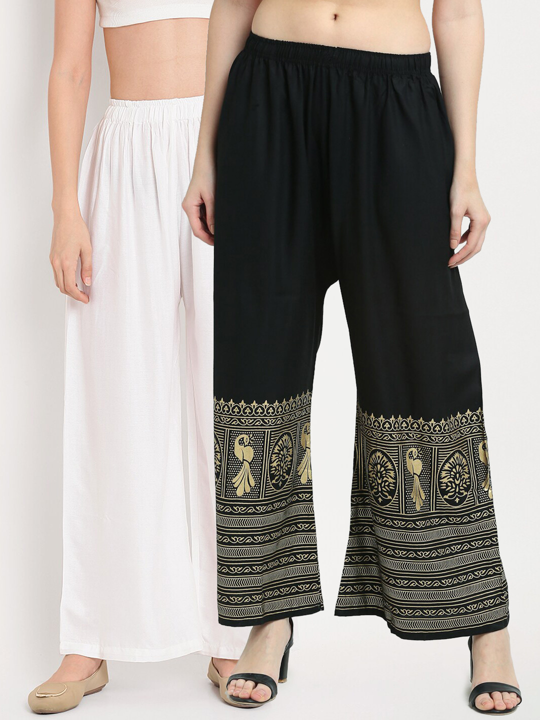 

TAG 7 Pack Of 2 Women White & Black Ethnic Motifs Printed Palazzos