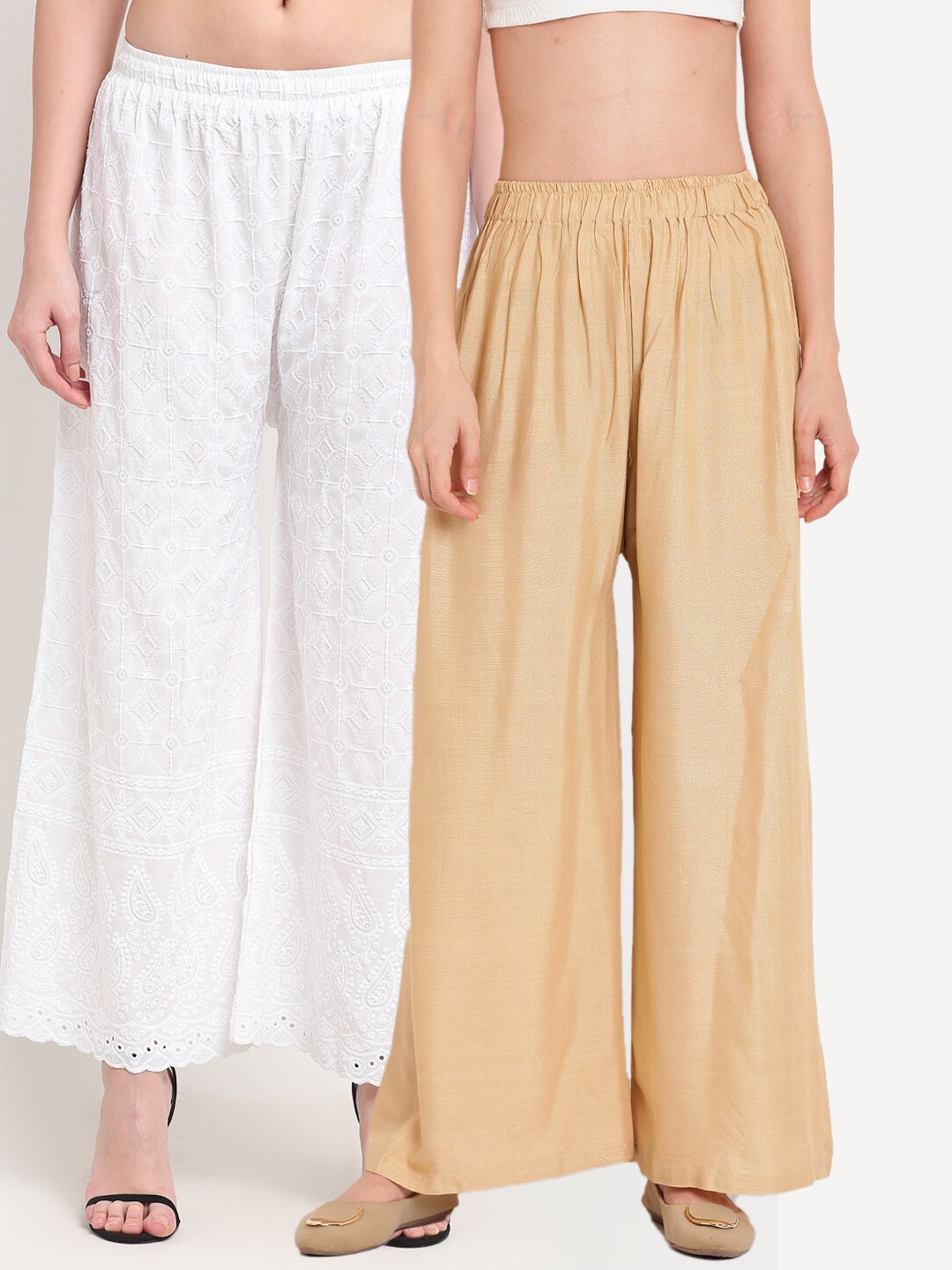 

TAG 7 Pack Of 2 Women Beige & White Embroidered Palazzos