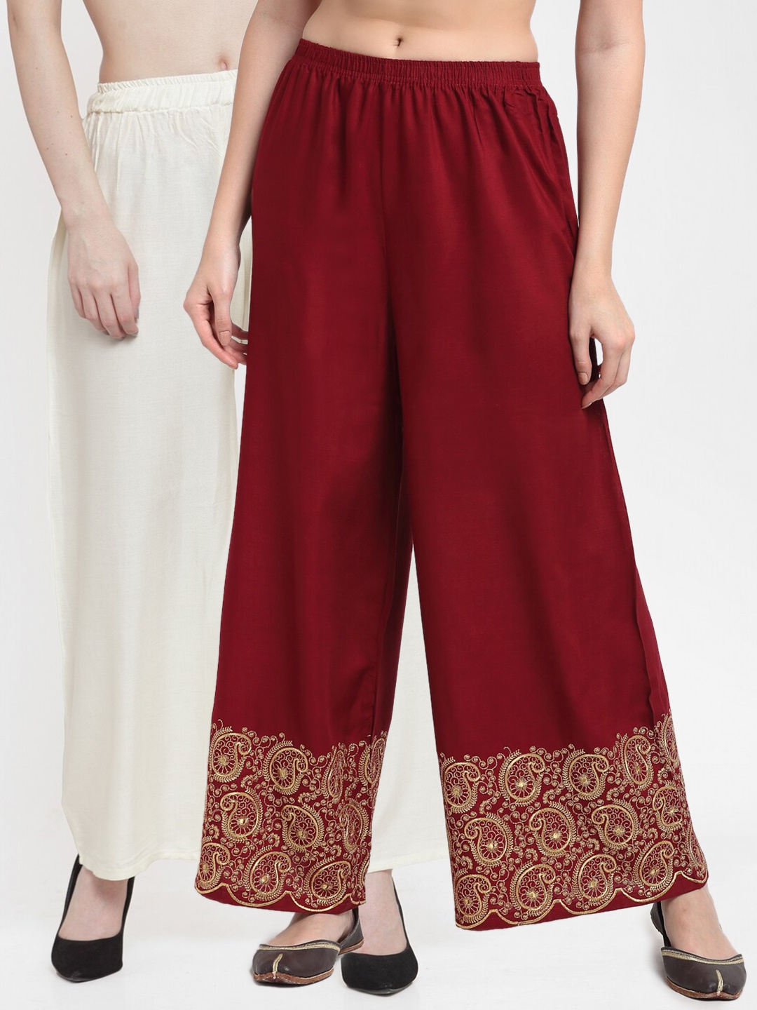 

TAG 7 Pack Of 2 Women Off White & Maroon Ethnic Motifs Embroidered Palazzos