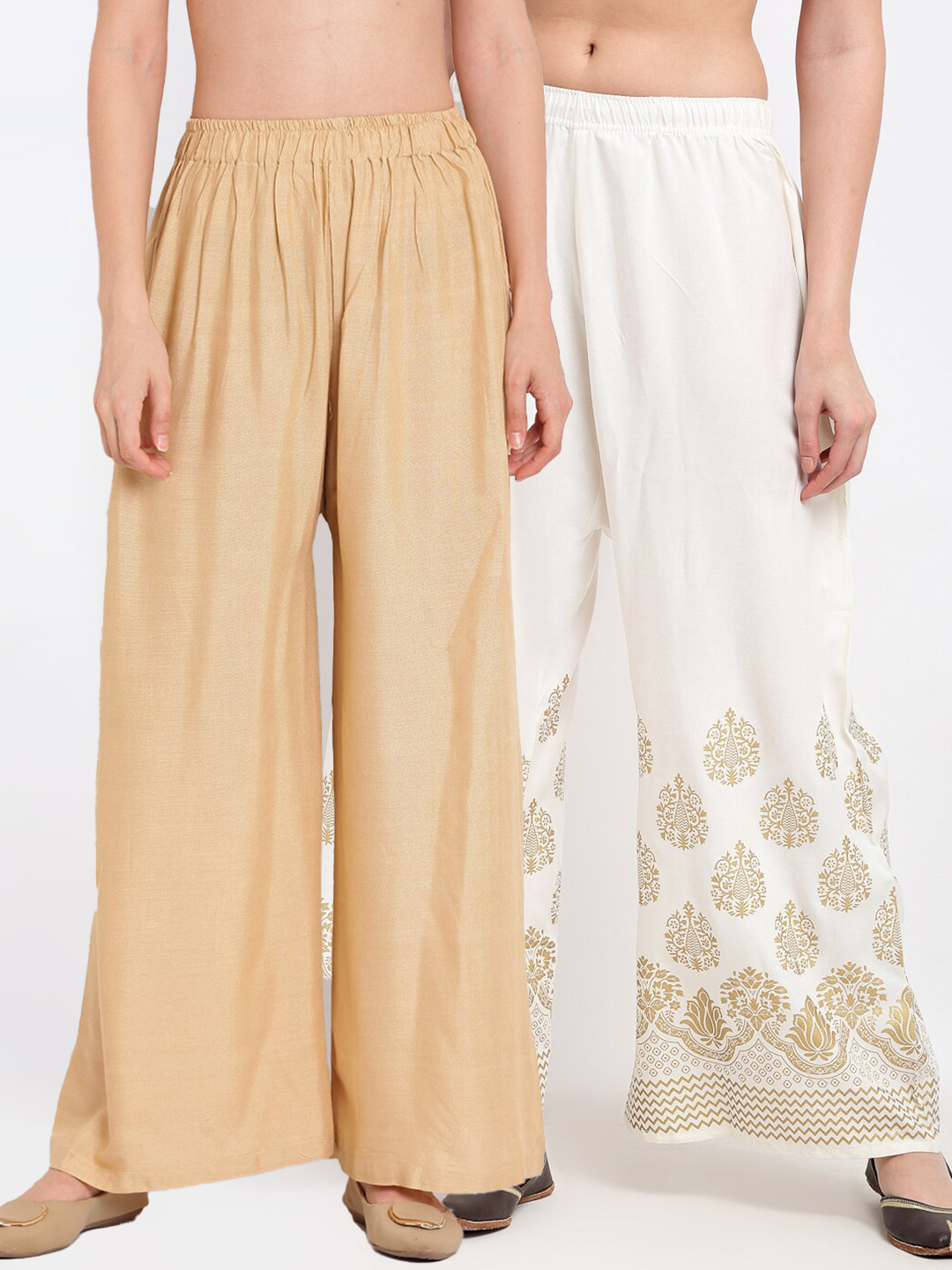 

TAG 7 Pack Of 2 Women Beige & White Ethnic Motifs Printed Palazzos