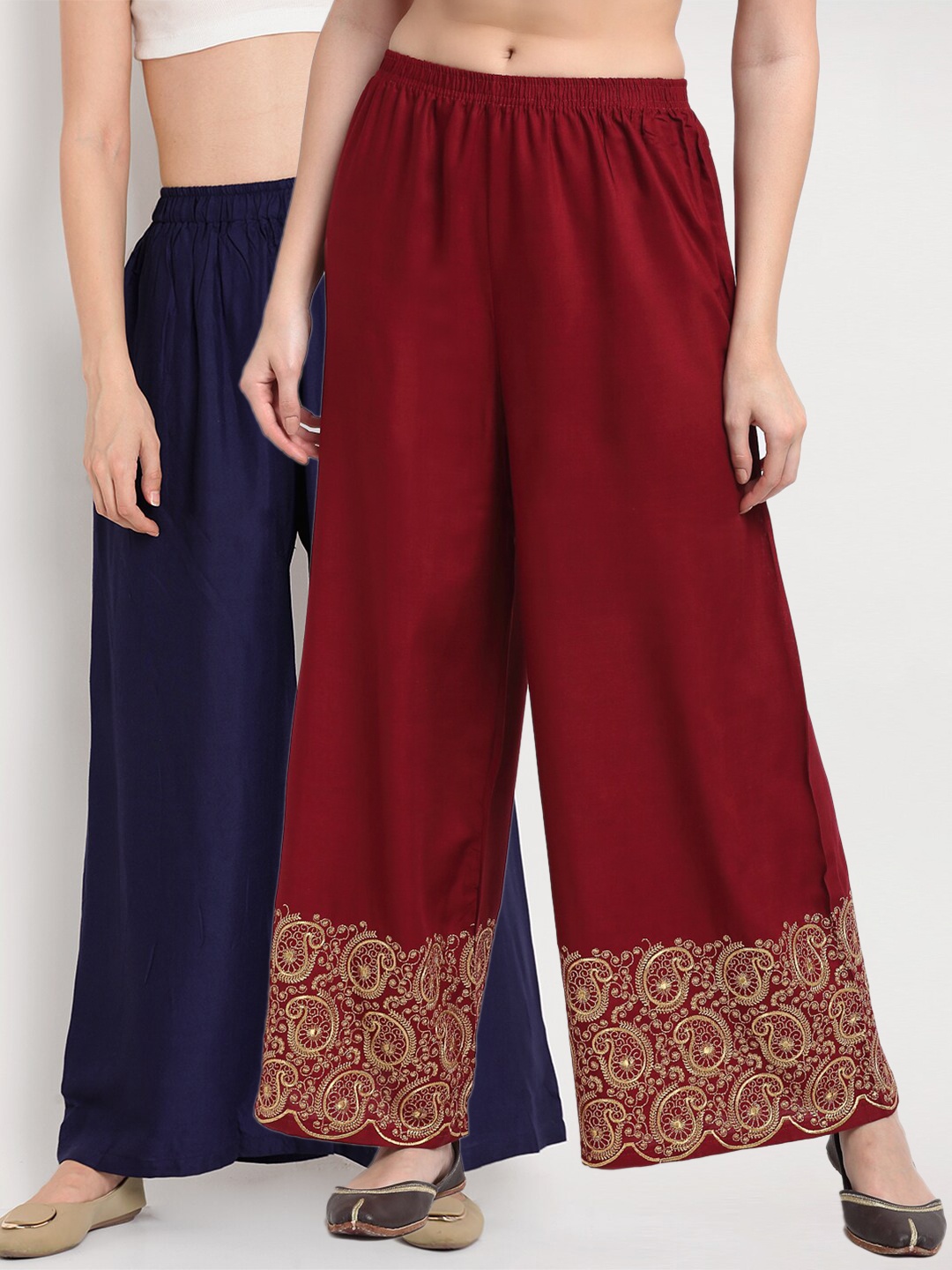 

TAG 7 Pack of 2 Women Navy Blue & Maroon Ethnic Motifs Embroidered Palazzos