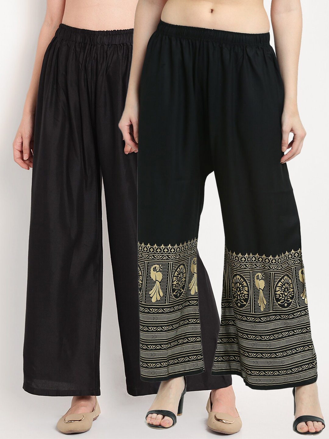 

TAG 7 Pack Of 2 Women Black & Gold-Toned Printed Palazzos