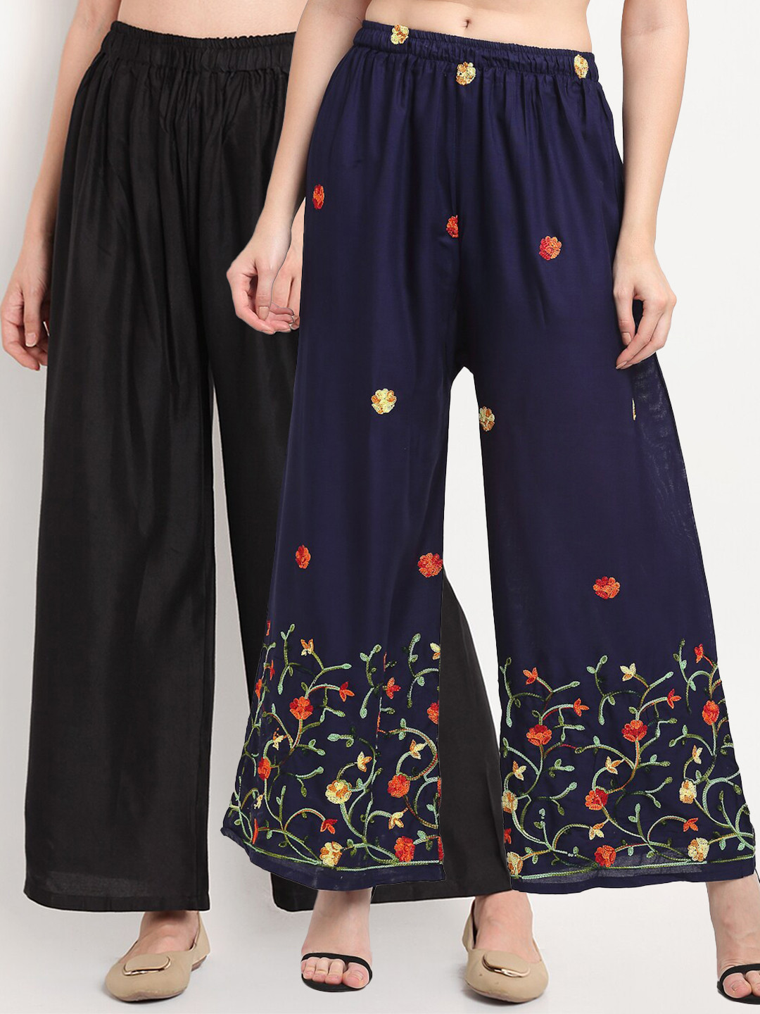 

TAG 7 Pack Of 2 Women Black & Navy Blue Embroidered Palazzos