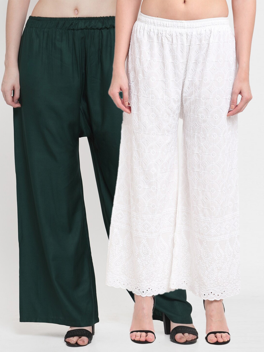 

TAG 7 Pack Of 2 Women Green & White Embroidered Palazzos