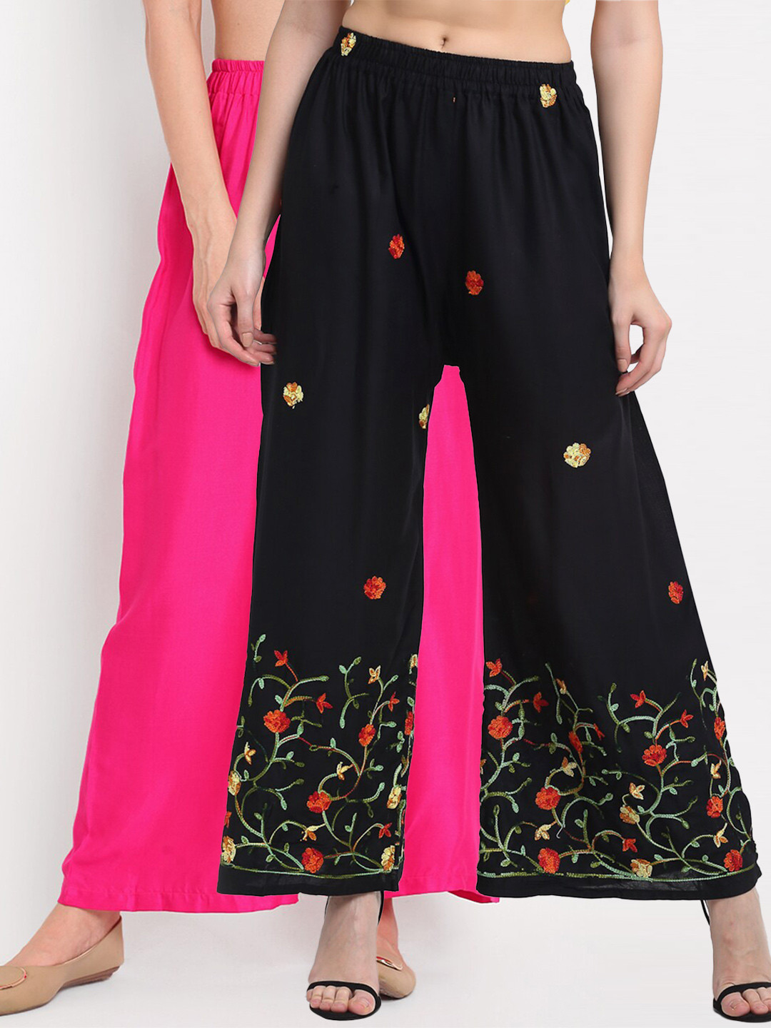 

TAG 7 Pack of 2 Women Pink & Black Floral Embroidered Palazzos