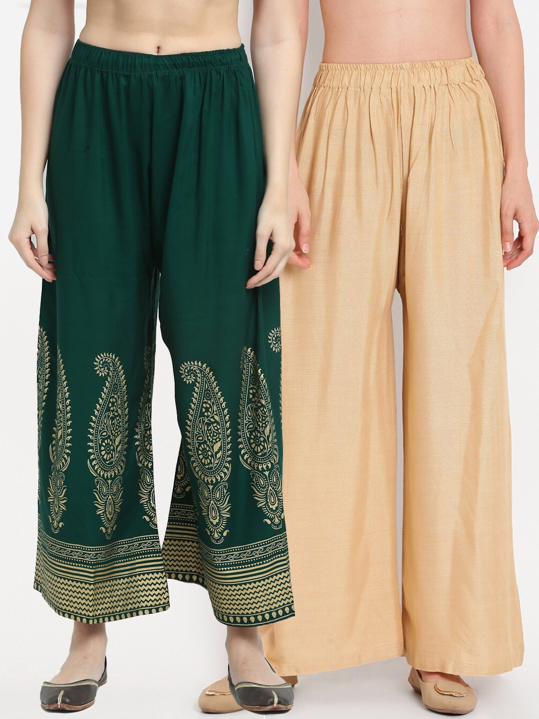 

TAG 7 Pack Of 2 Women Beige & Green Ethnic Motifs Printed Palazzos