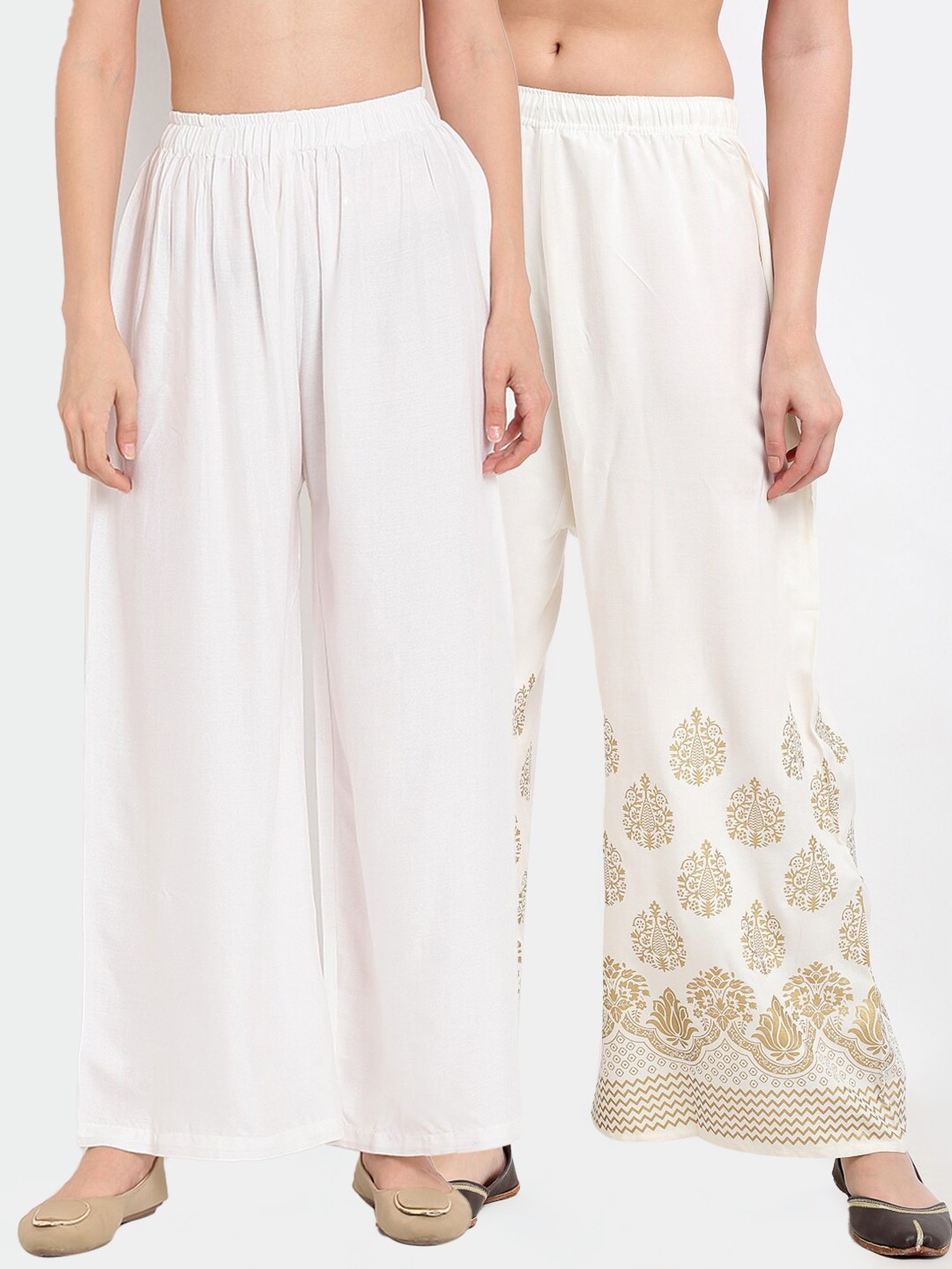 

TAG 7 Pack Of 2 Women White & Gold-Toned Ethnic Motifs Printed Palazzos