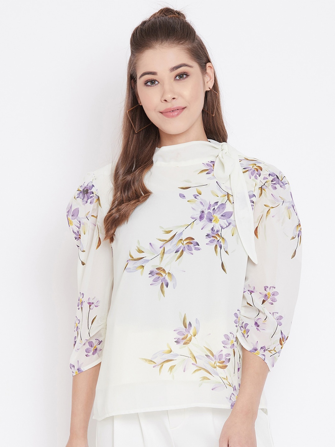 

Madame Off White & Purple Floral Printed Tie-Up Neck Georgette Regular Top