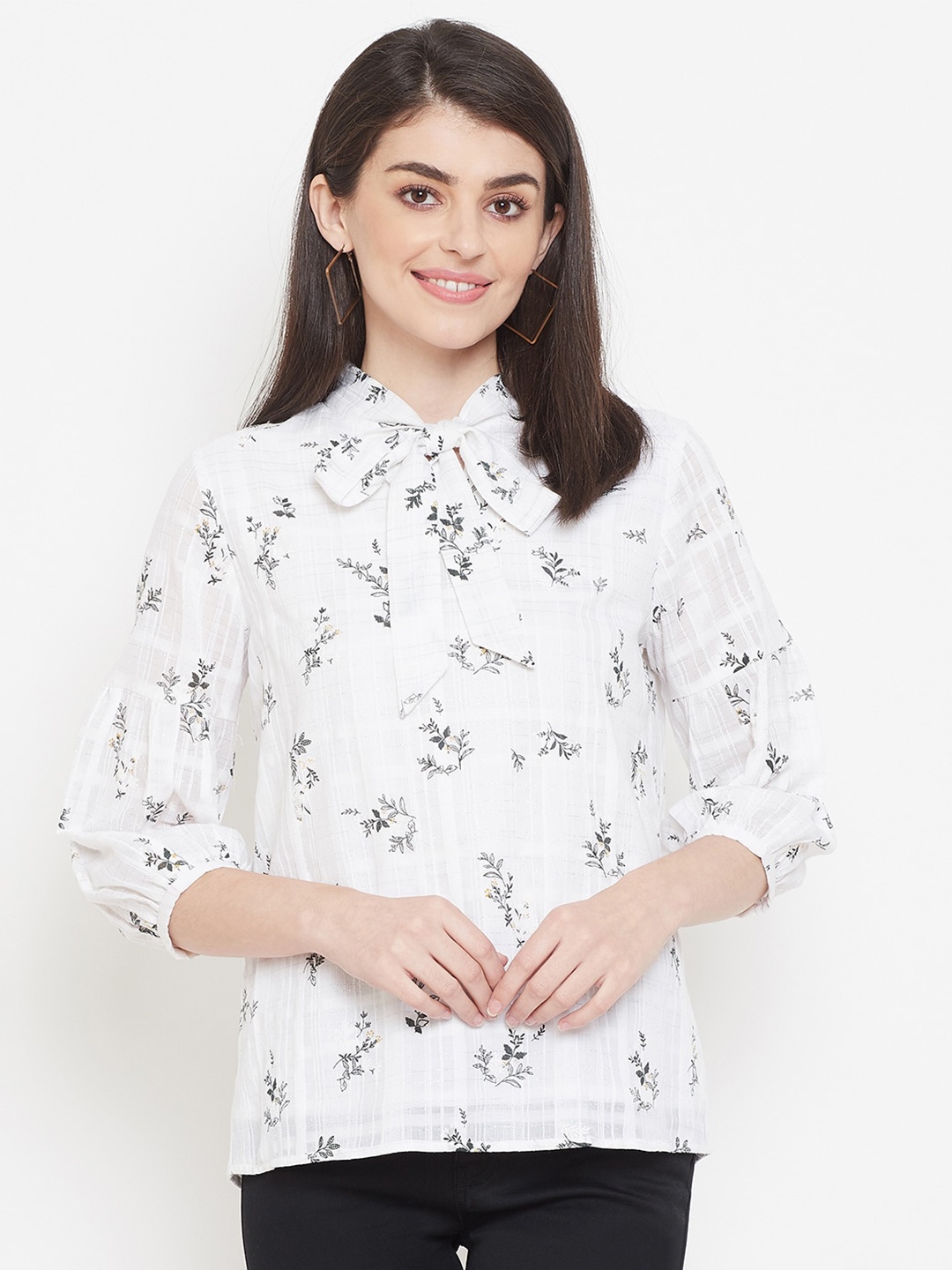 

Madame Off White & Black Floral Printed Tie-Up Neck Top